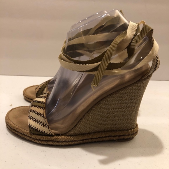 Marc Jacobs Espadrille Wedge Sandals with ribbon ankle tie- tans & greens, Sz 8 - Picture 3 of 11